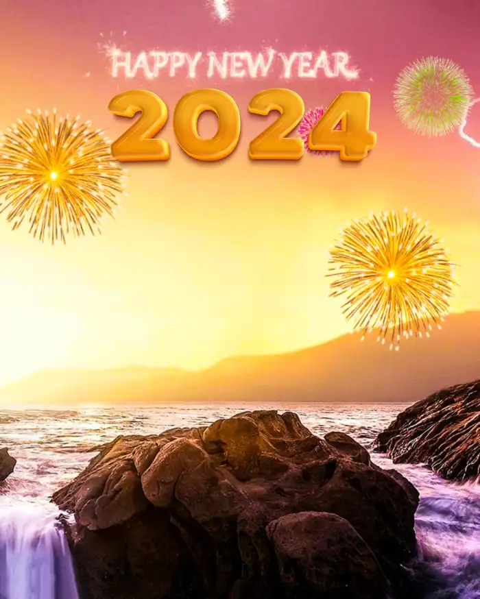 Happy New Year 2024 Group Of Colorful Fireworks In Sky Editing Background