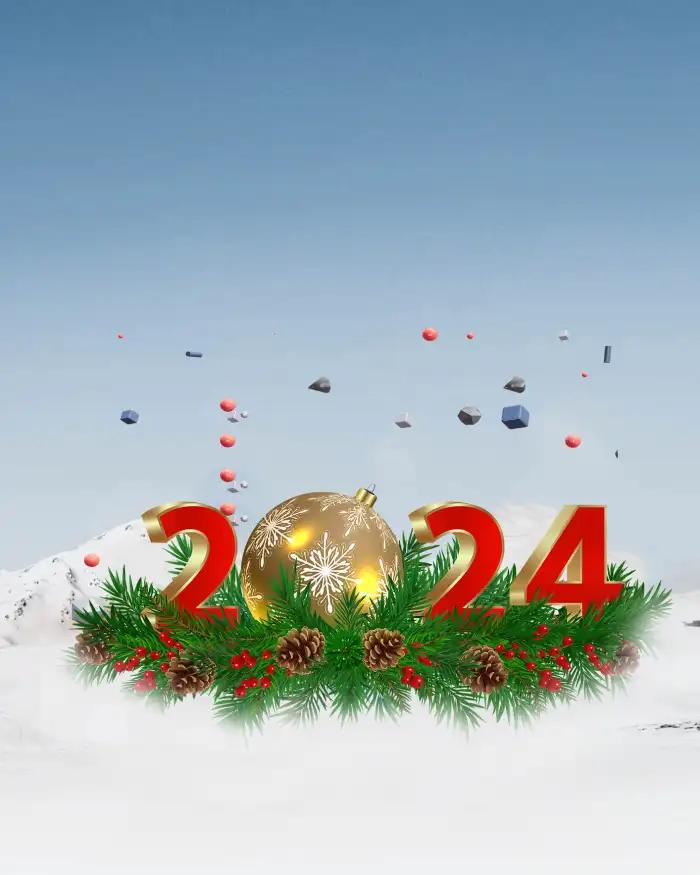 Happy New Year 2024 Group Of Hot Air Balloons In The Sky Background (2)