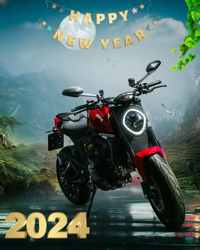 Happy New Year 2024 Motorcycle Parked On A Road Background HD