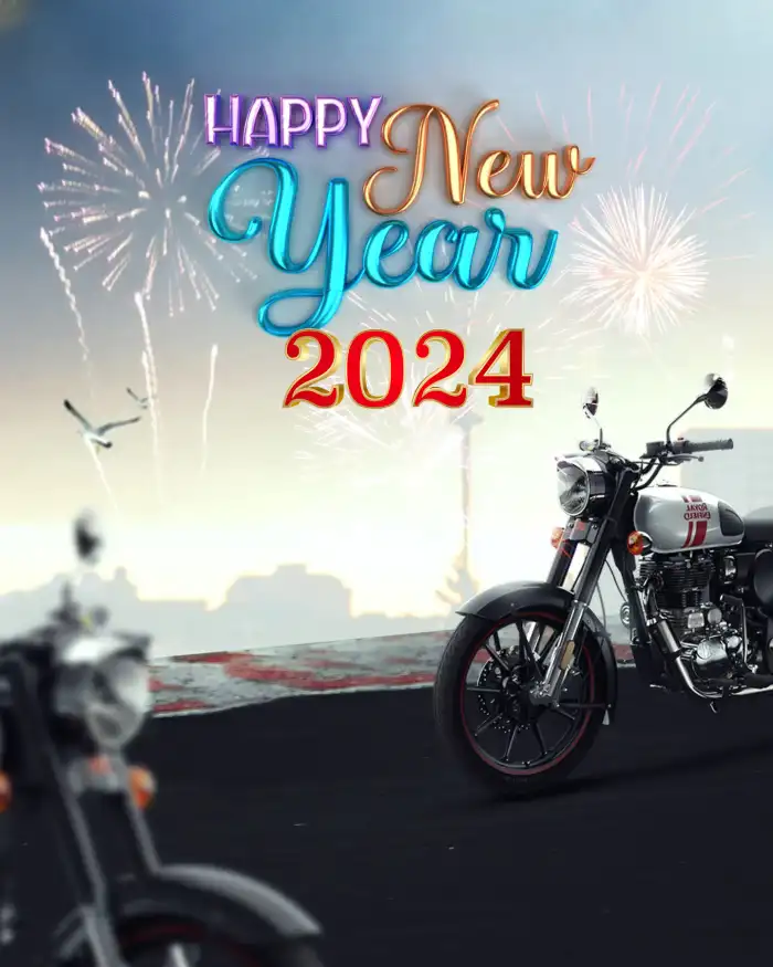 Happy New Year 2024 Motorcycle Parked On A Street Background For Picsart