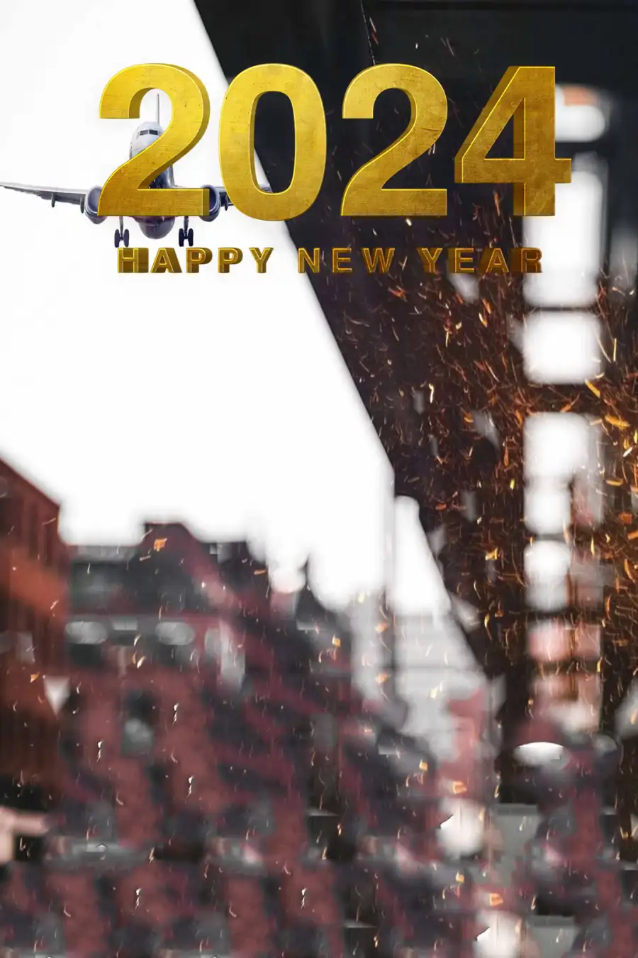 Happy New Year 2024 Plane Flying Over A City Editing  Background