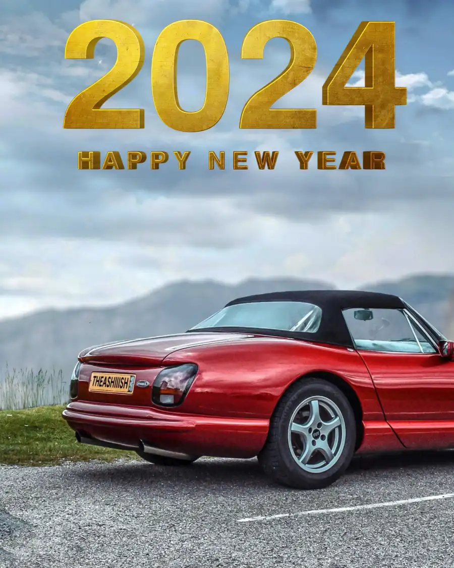 Happy New Year 2024 Red Car Parked On A Road (1) Background