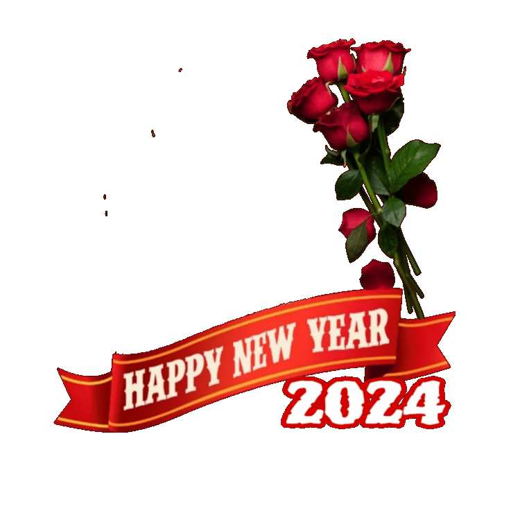 Happy New Year 2024 Ribbon With Red Rose PNG Images