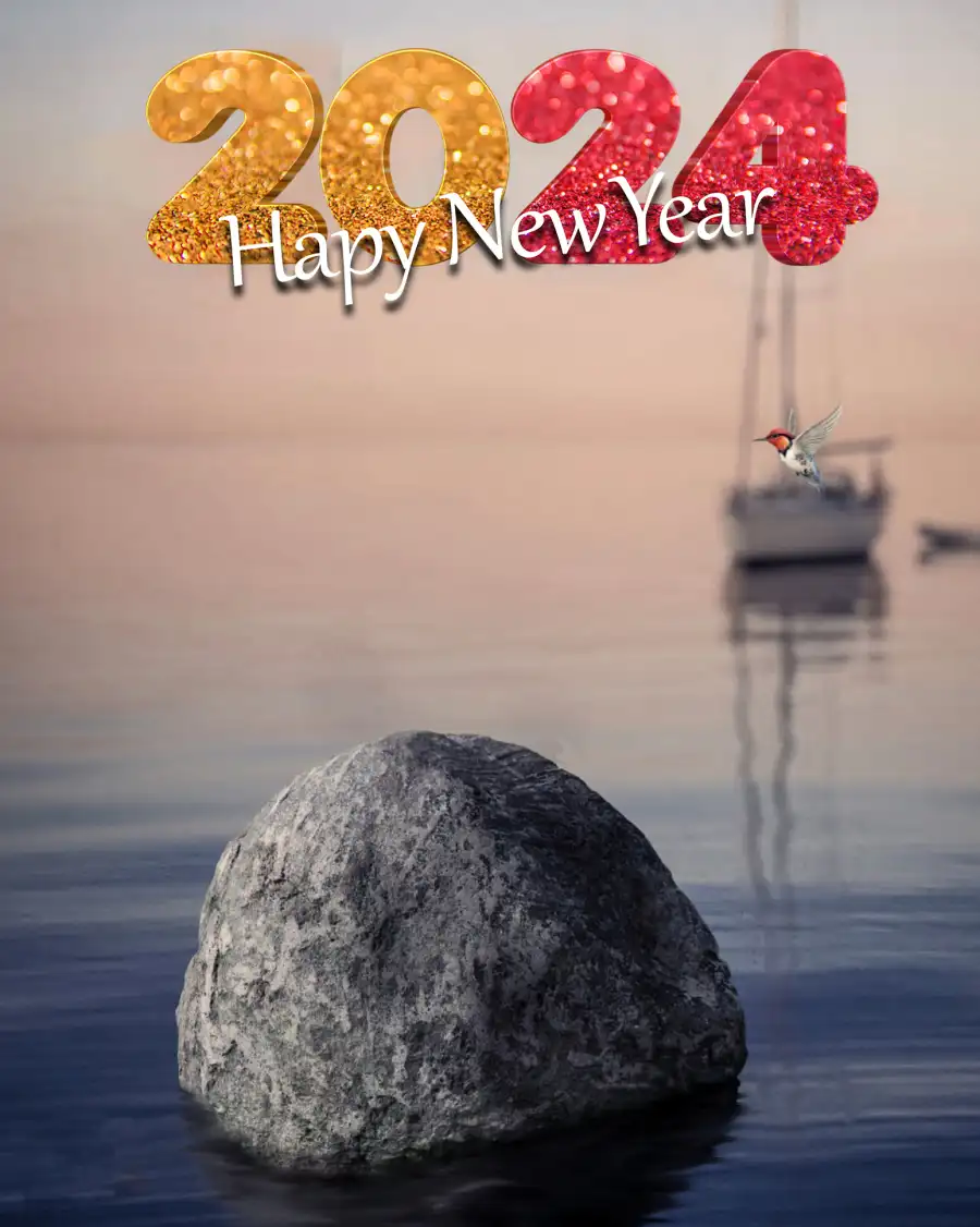 Happy New Year 2024 Rock In The Water With A Boat In The Background For Editing