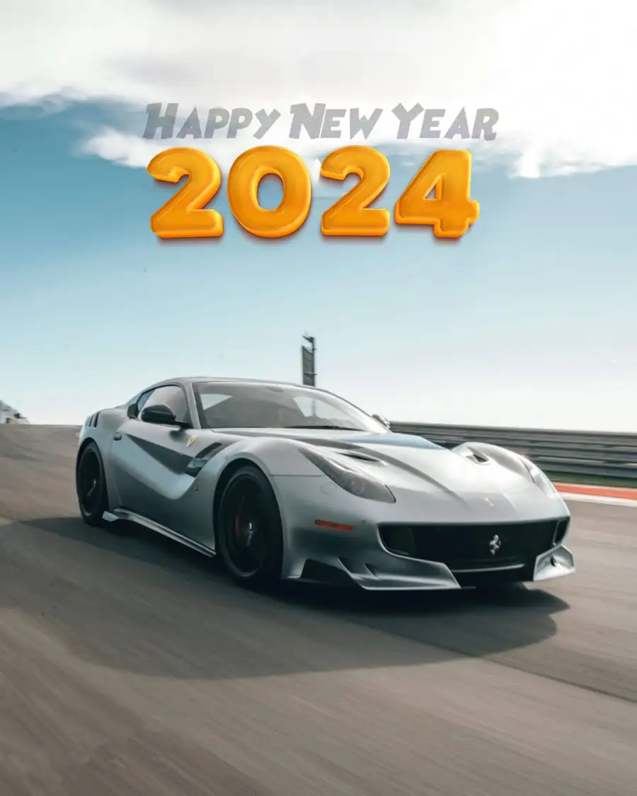 Happy New Year 2024 Silver Sports Car On A Road Background