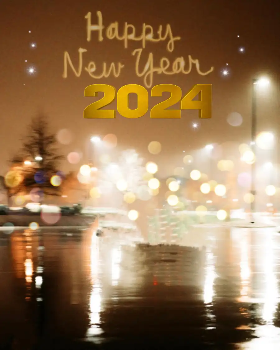 Happy New Year 2024 Snowy Road With Trees And Lights Background For Picsart