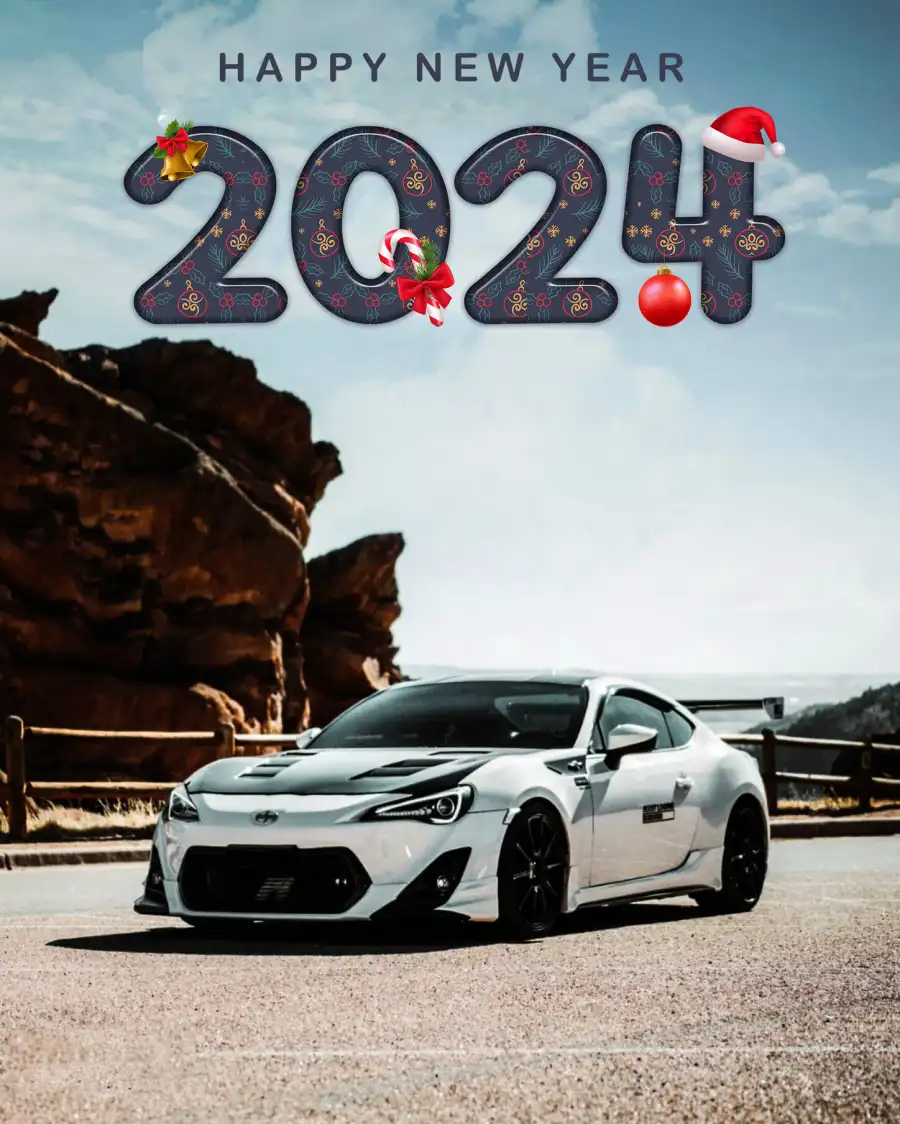 Happy New Year 2024 White Car Parked In Front Of A Rock Editing HD Background