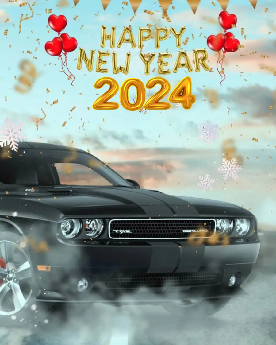 Happy New Year 2024 With Black Car With A Red Heart Editing Background