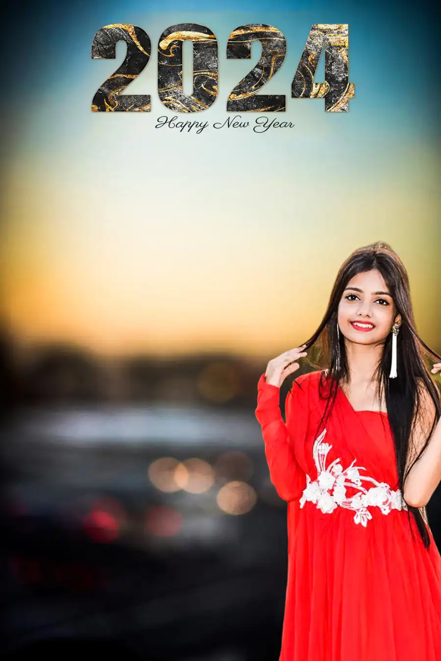 Happy New Year 2024 Woman In Red Dress Editing  Background