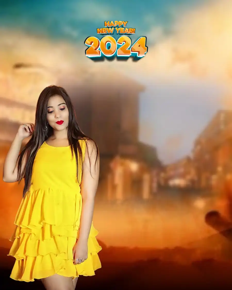 Happy New Year  Girl In Yellow Dress 2024 Background