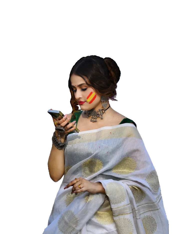 Holi Girl In A Saree Dress Holdind Phone PNG Images