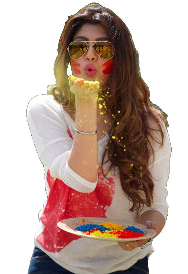 Holi Woman Wearing Sunglasses And A Pink Dress Holding Color Plate PNG