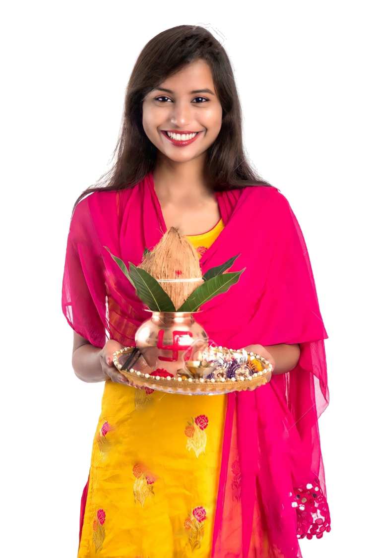 Indian Woman Girl Holdind A Puja Thali PNG Images