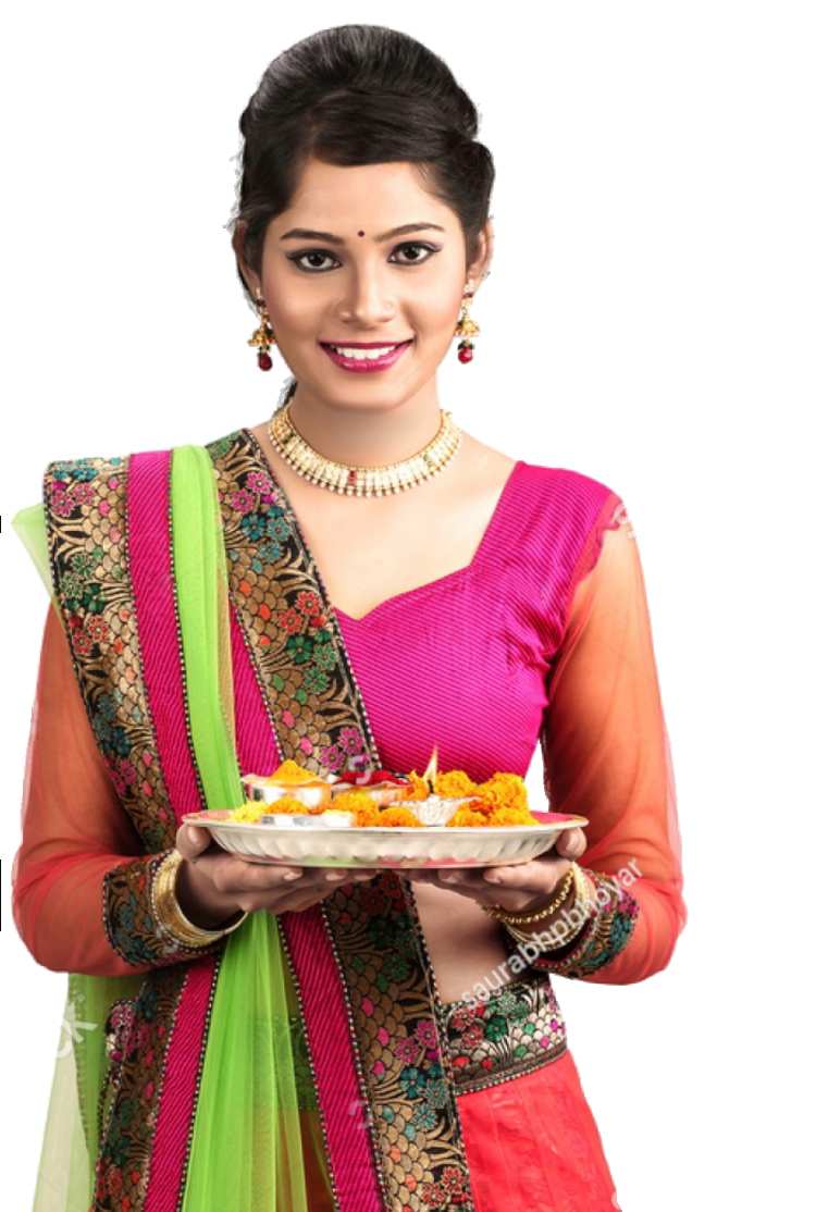 Indian Woman Girl Holdind A Puja Thali PNG Images