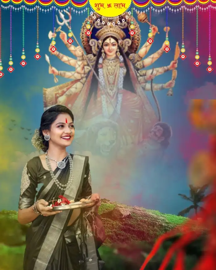 Maa Durga Navratri Editing Background  With Girl And Puja Thali