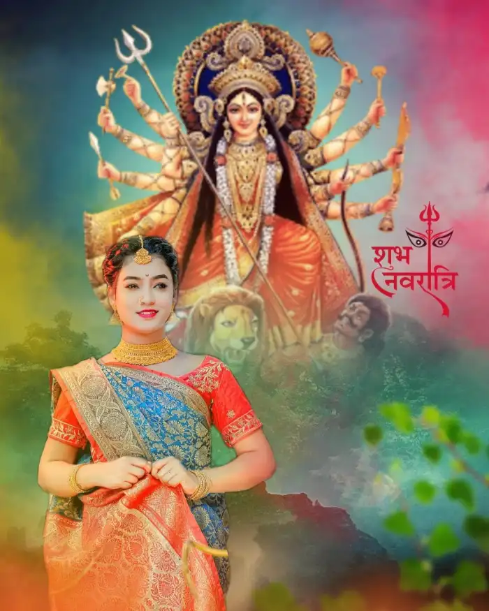 Maa Durga Navratri Editing Background  With Girl In Saree