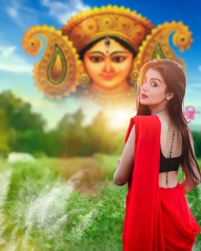 Maa Durga Navratri Girl In Red Saree Editing Background