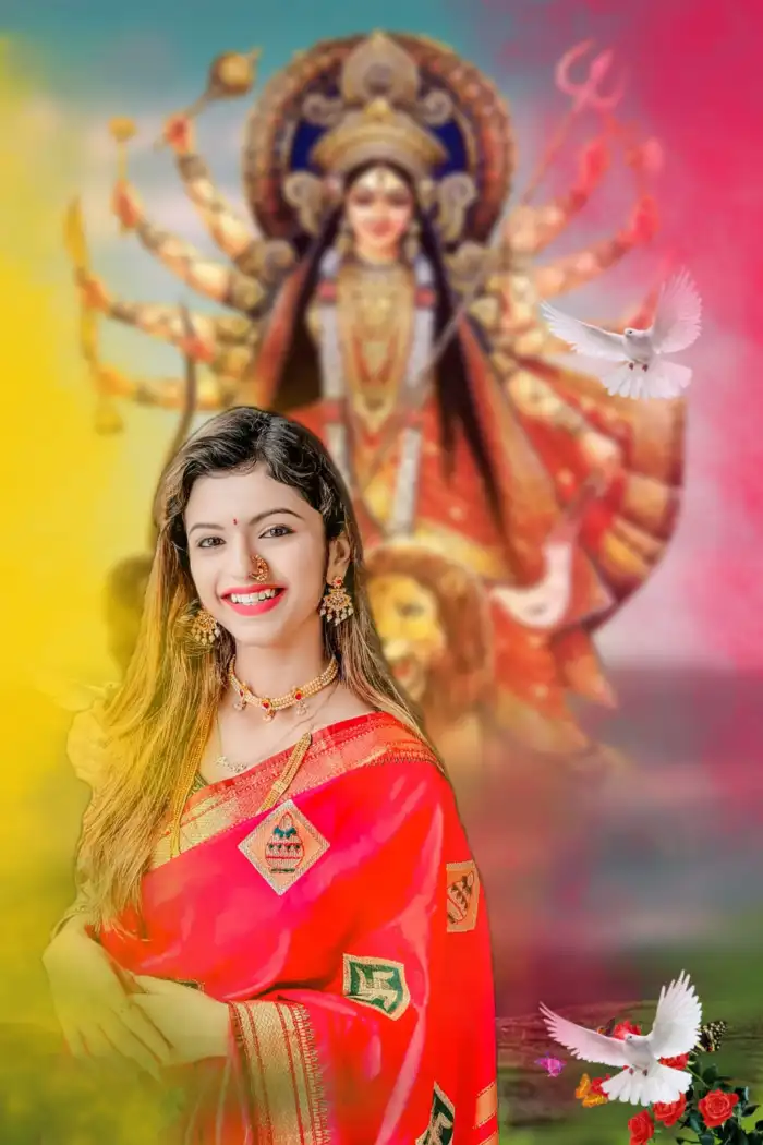 Maa Durga Navratri With Girl In Saree Editing Background