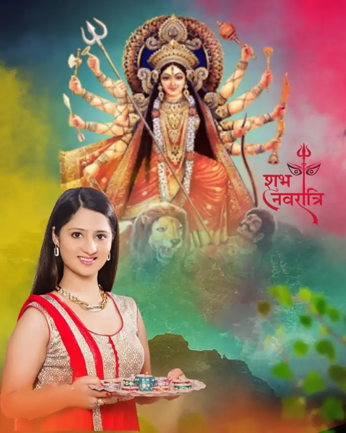 Maa Durga Navratri With Girl Puja Thali Editing Background