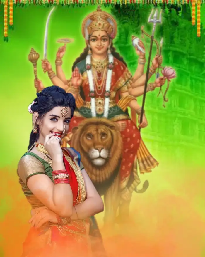 Maa Durga Sittng On Lion Navratri Background