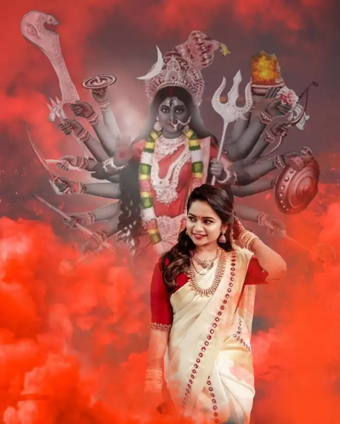 Maa Kali Happy Navratri With Girl In Saree CB Background