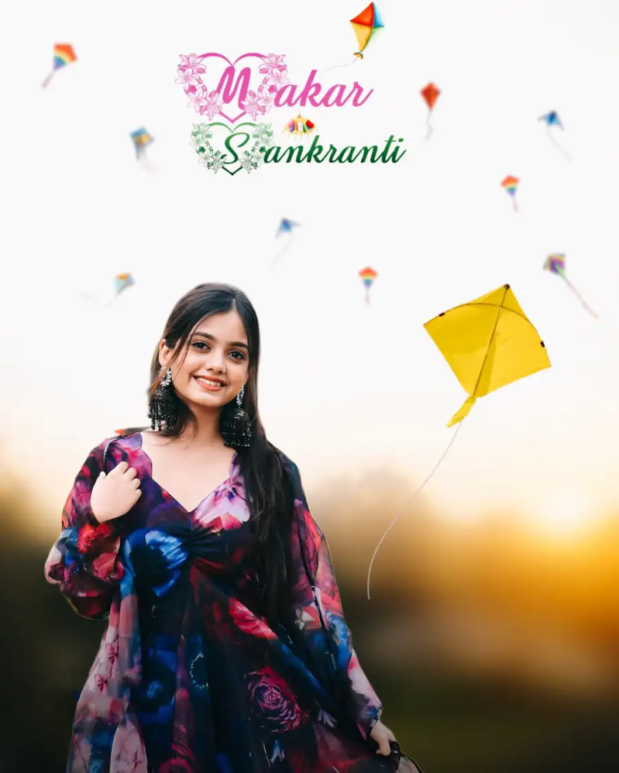 Makar Sankranti Girl Editing Kites FlyIng In Sky Background