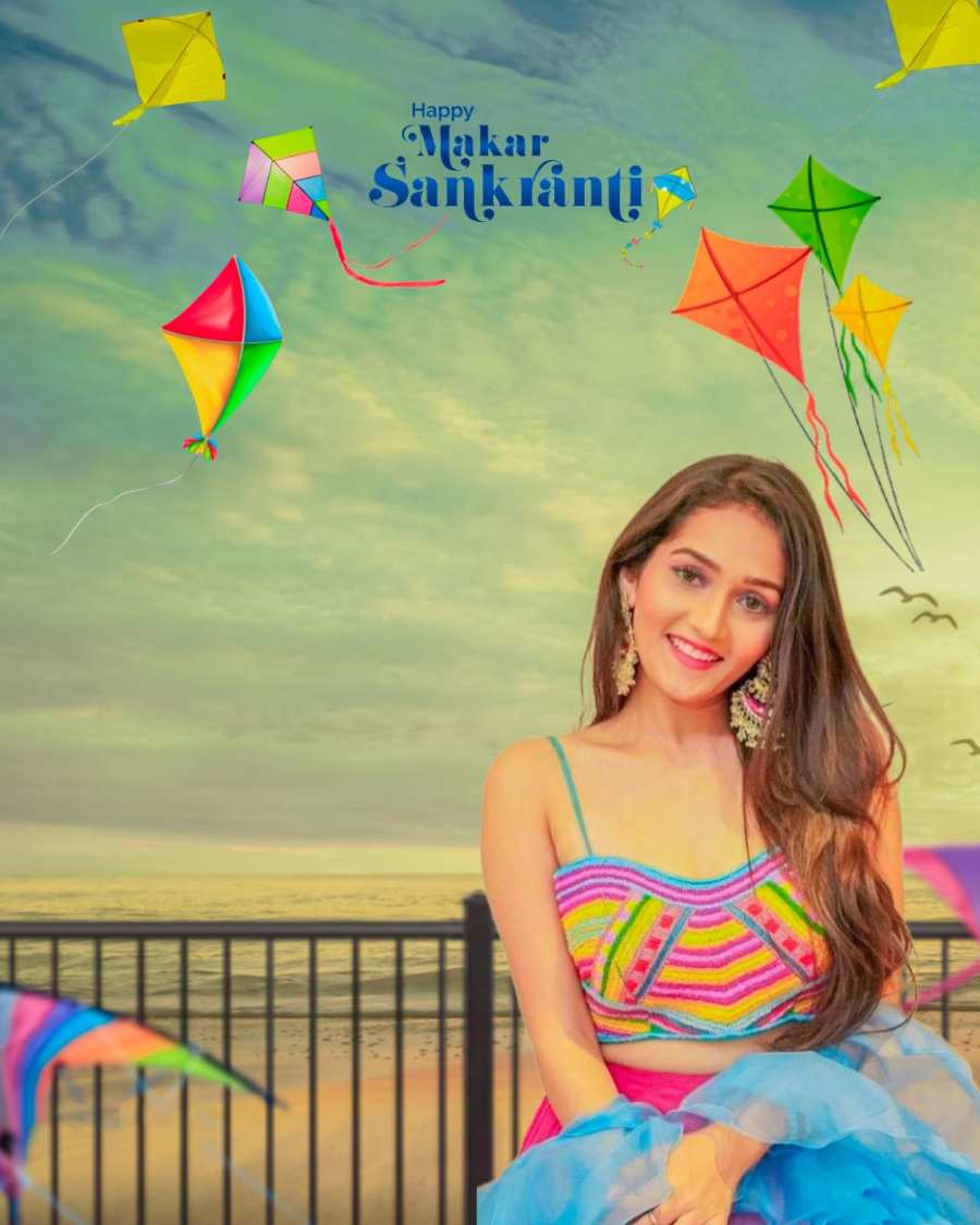 Makar Sankranti Photo Editing  Girl Sitting On A Fence With Kites In The Background