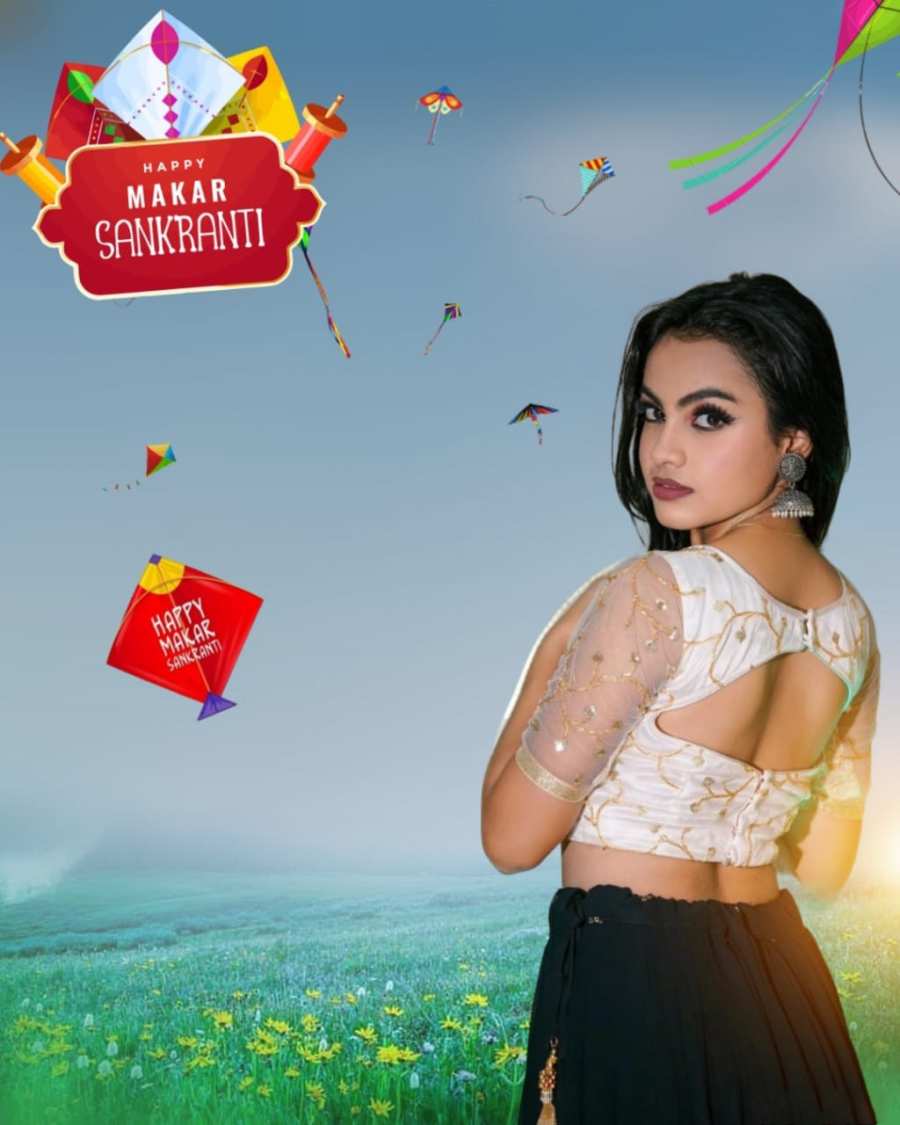 Makar Sankranti Photo Editing  Girl  With Kites Flying In The Sky Background