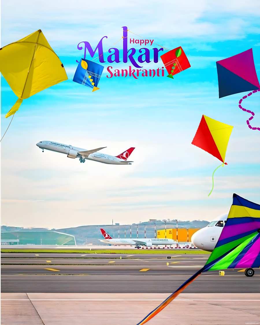 Makar Sankranti Photo Editing  Plane Flying Over A Runway Kites Background