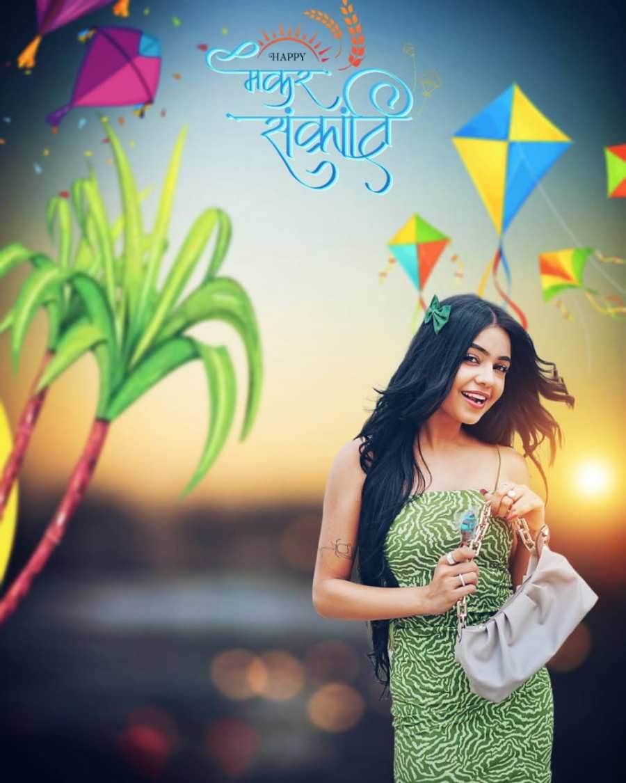 Makar Sankranti Photo Editing  Woman Holding A Kites Bag Background