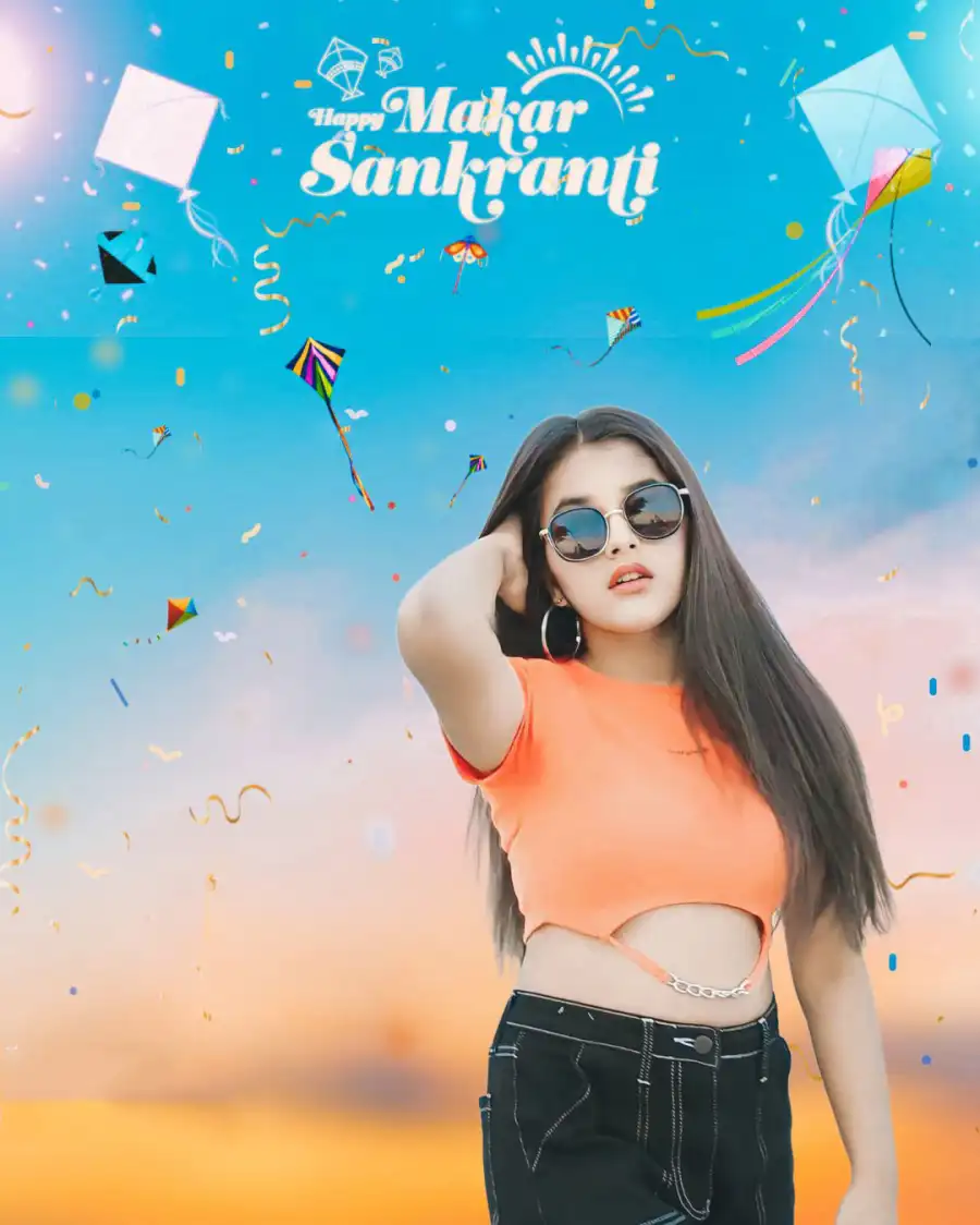 Makar Sankranti Picsart Girl Kites FlyIng In Sky Background