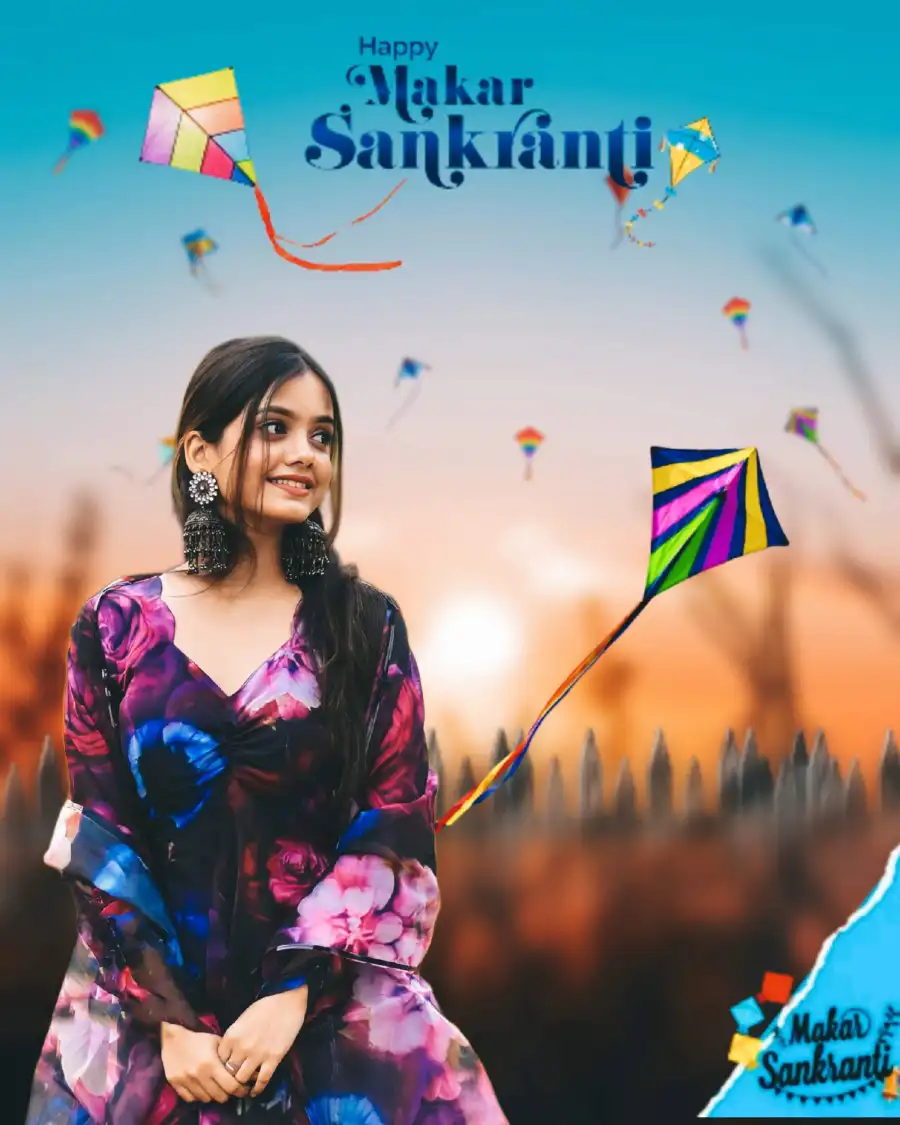 Makar Sankranti Picsart Girl Kites FlyIng In Sky Background