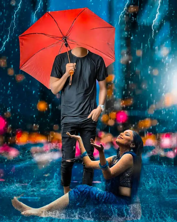 Man Holding An Umbrella And A Woman Sitting In The Rain  Background