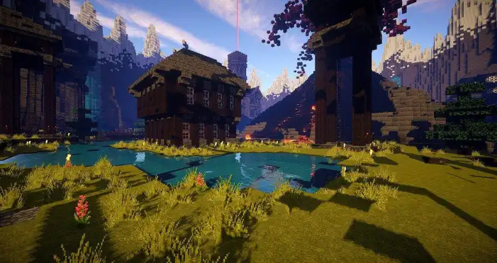 Minecraft Game Building With A Pond And Mountains Background Images Free