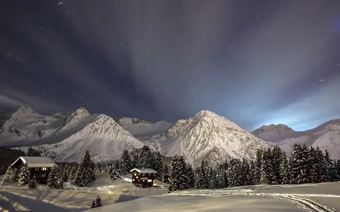 Mountain Nigh Sky Winter Forest Background HD Wallpapers