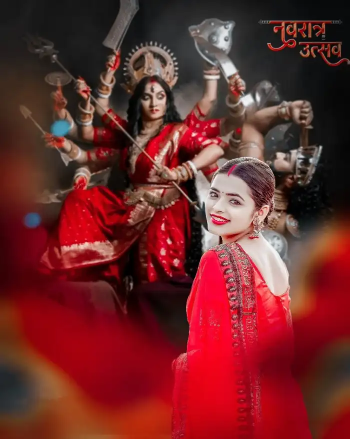 Navratri Girl iN Red Saree Maa Durga Photo Editing Background HD Images