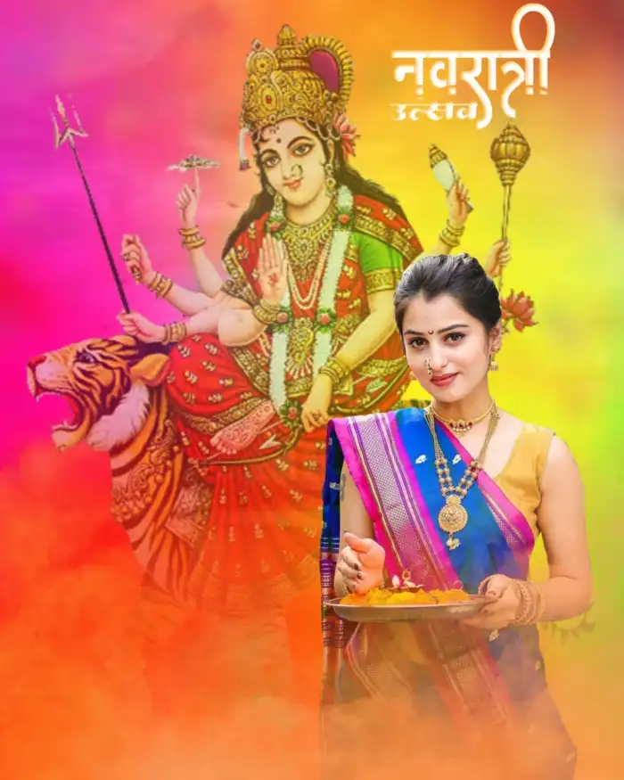 Navratri Girl In Saree With Puja Thali Background