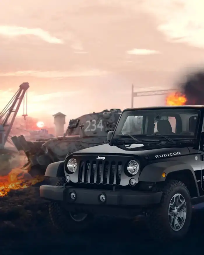 Photo Editing CB Black Jeep On Fire Background