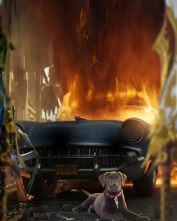 Photo Editing CB Dog Sitting In Front Of A Car That Is On Fire Background