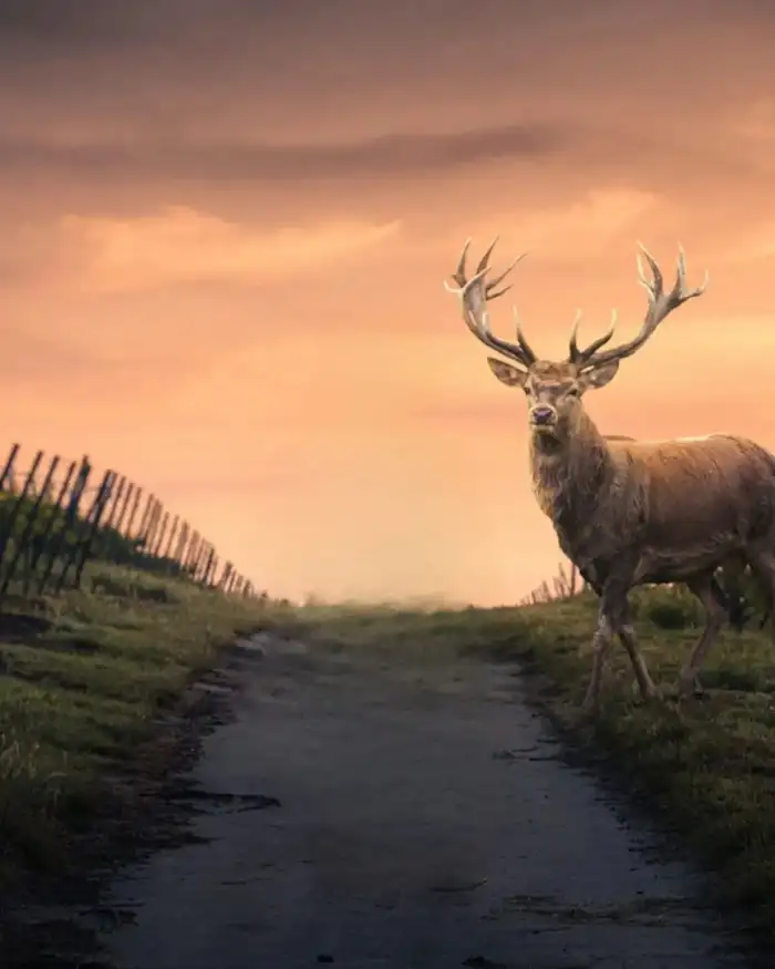 Photo Editing Deer Walking On A Road Background