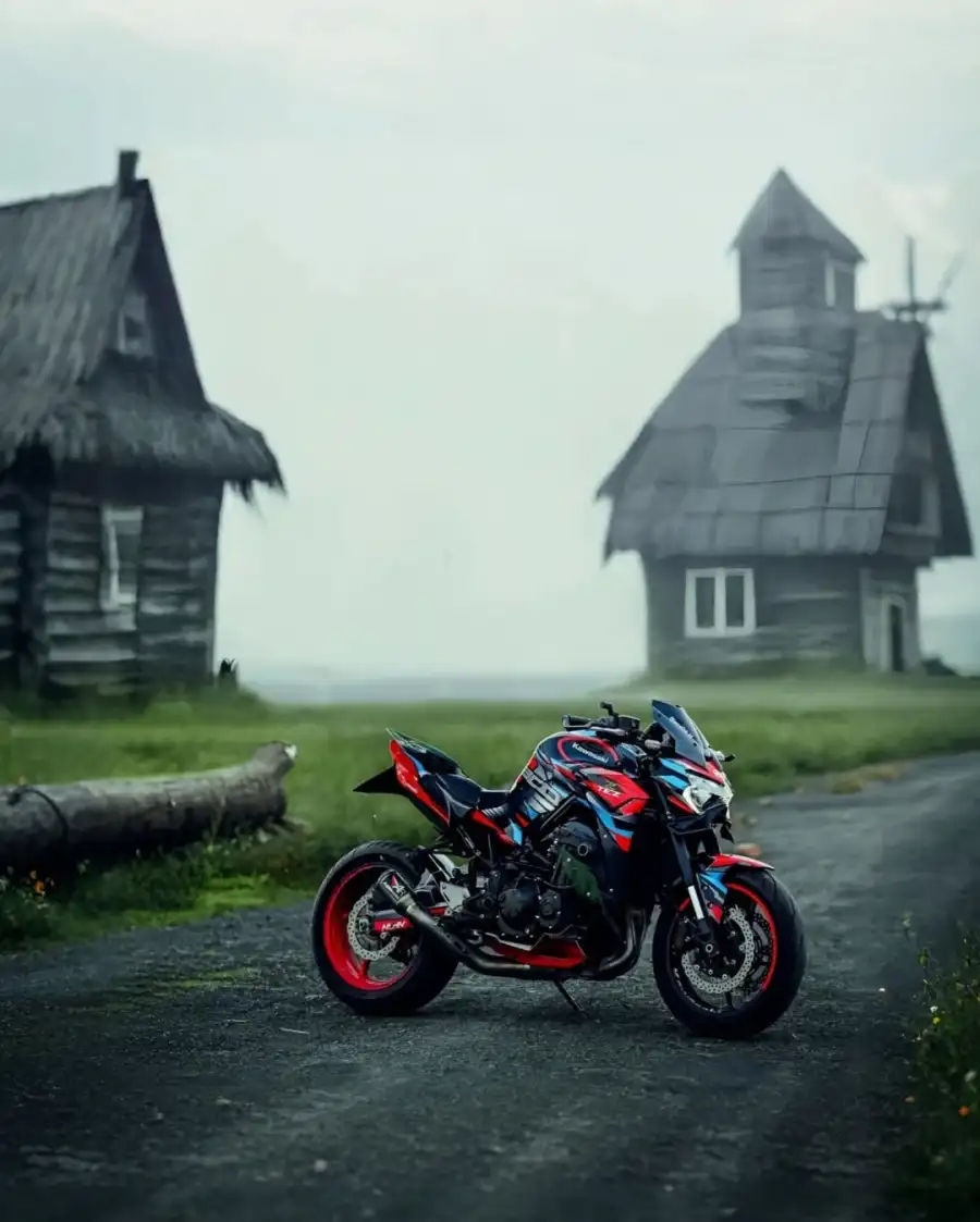 Photo Editing Motorcycle Parked On A Road Background