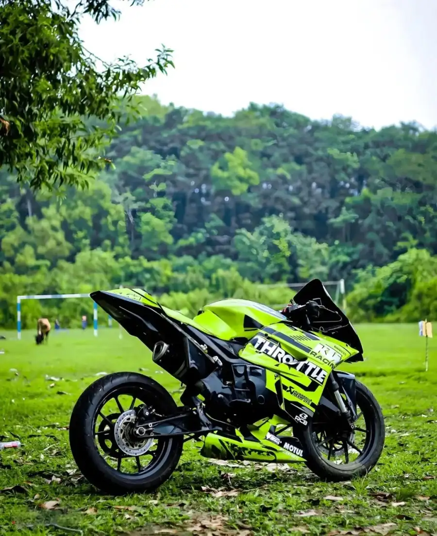 Photo Editing Motorcycle Parked On Grass Background Free