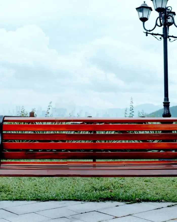 Photo Editing Red Bench Next To A Lamp Post Background