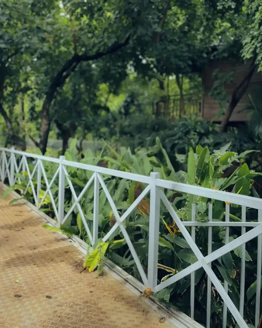 Photo Editing White Railing With Trees In The Background