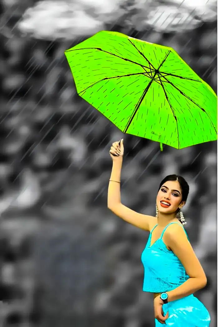 Photo Editing  Woman Holding A Green Umbrella  Background