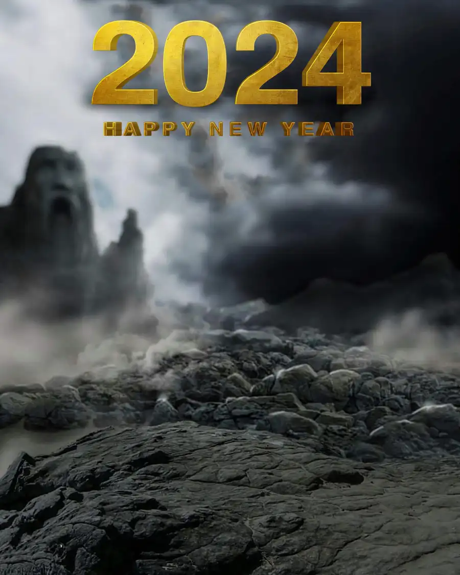 Photoshop Happy New Year 2024 Rocky Landscape With Smoke Background