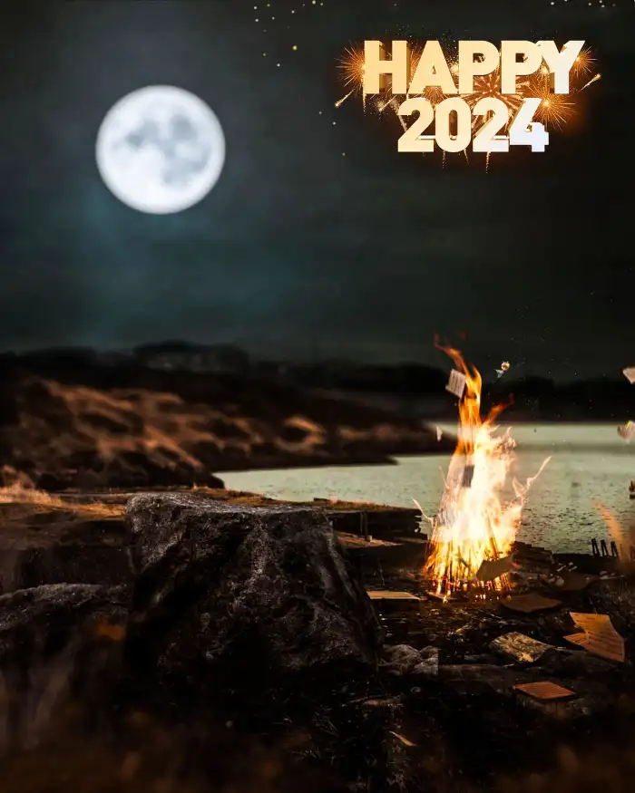 Picsart Happy New Year 2024 Fire With A Moon In The Background