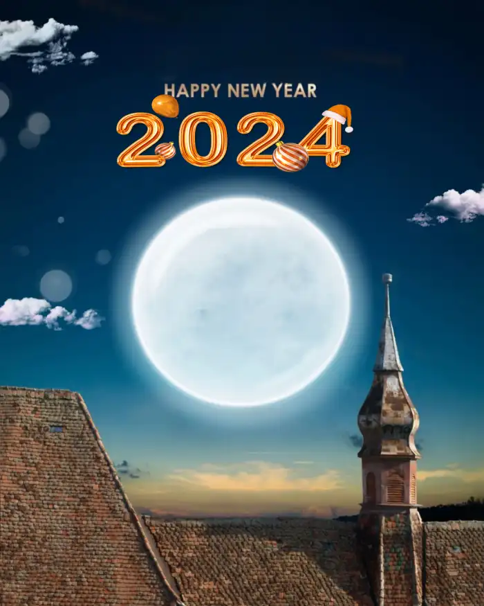 Picsart Happy New Year 2024 Large Moon Over A City Background