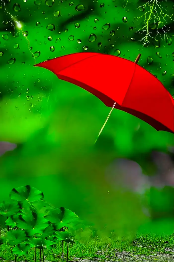 Red Umbrella In The Rain Photo Editing Background