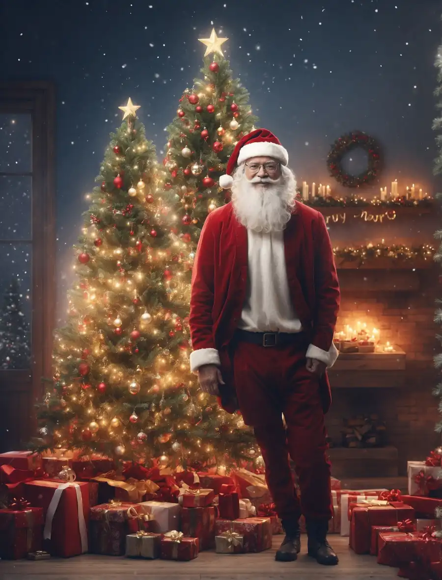 Santa Claus  In Front Of Christmas Tree  Background  HD